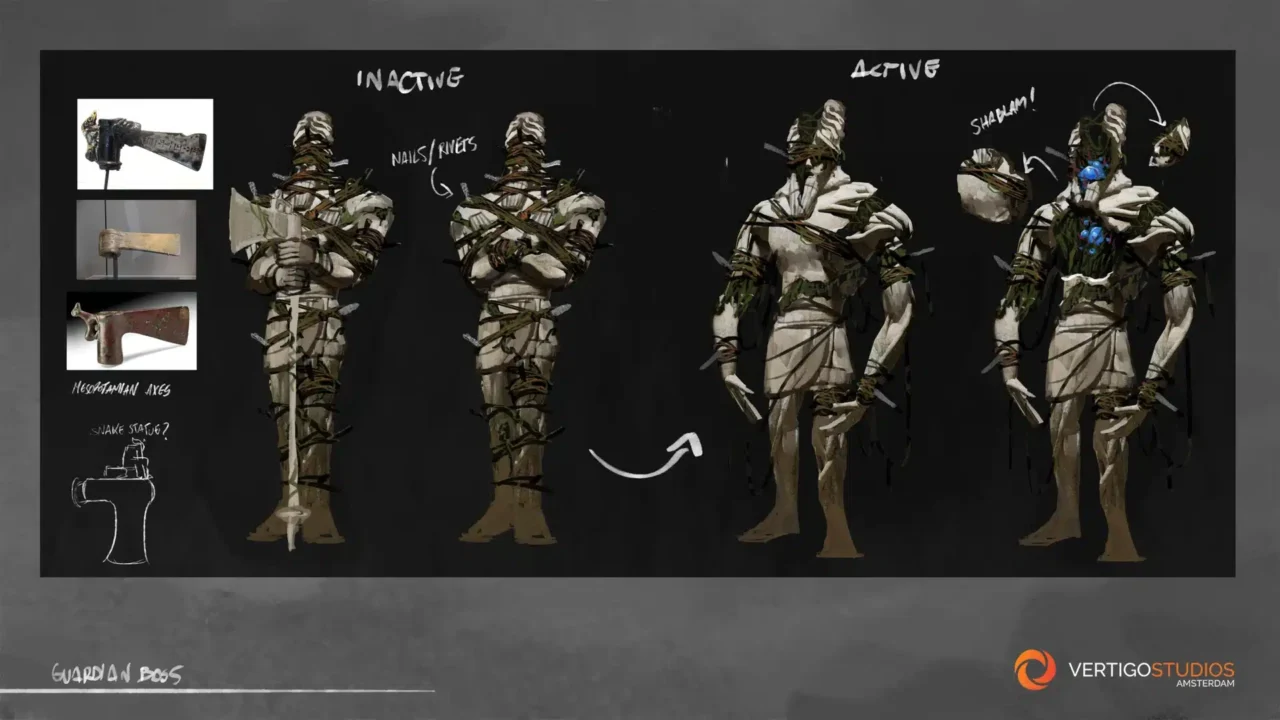 Character Concept Sheet Showing a Humanoid Figure Wrapped in Vines Progressing from Inactive to Active with Left Reference Thumbnails and Notes Studio Logo Bottom right