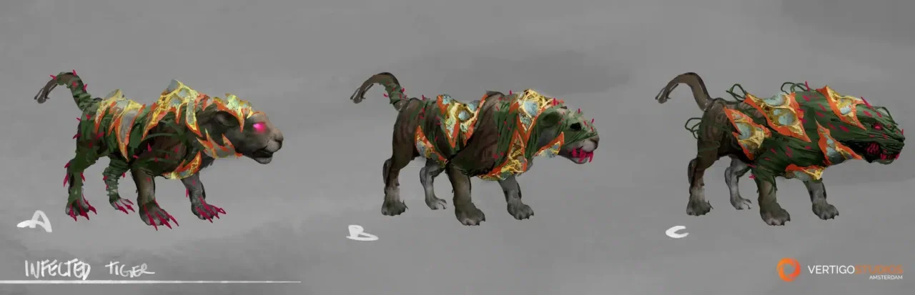 Three Concept Art Views of an Infected Tiger with Leafy Armor and Glowing Pink Eye Against a Grey Background