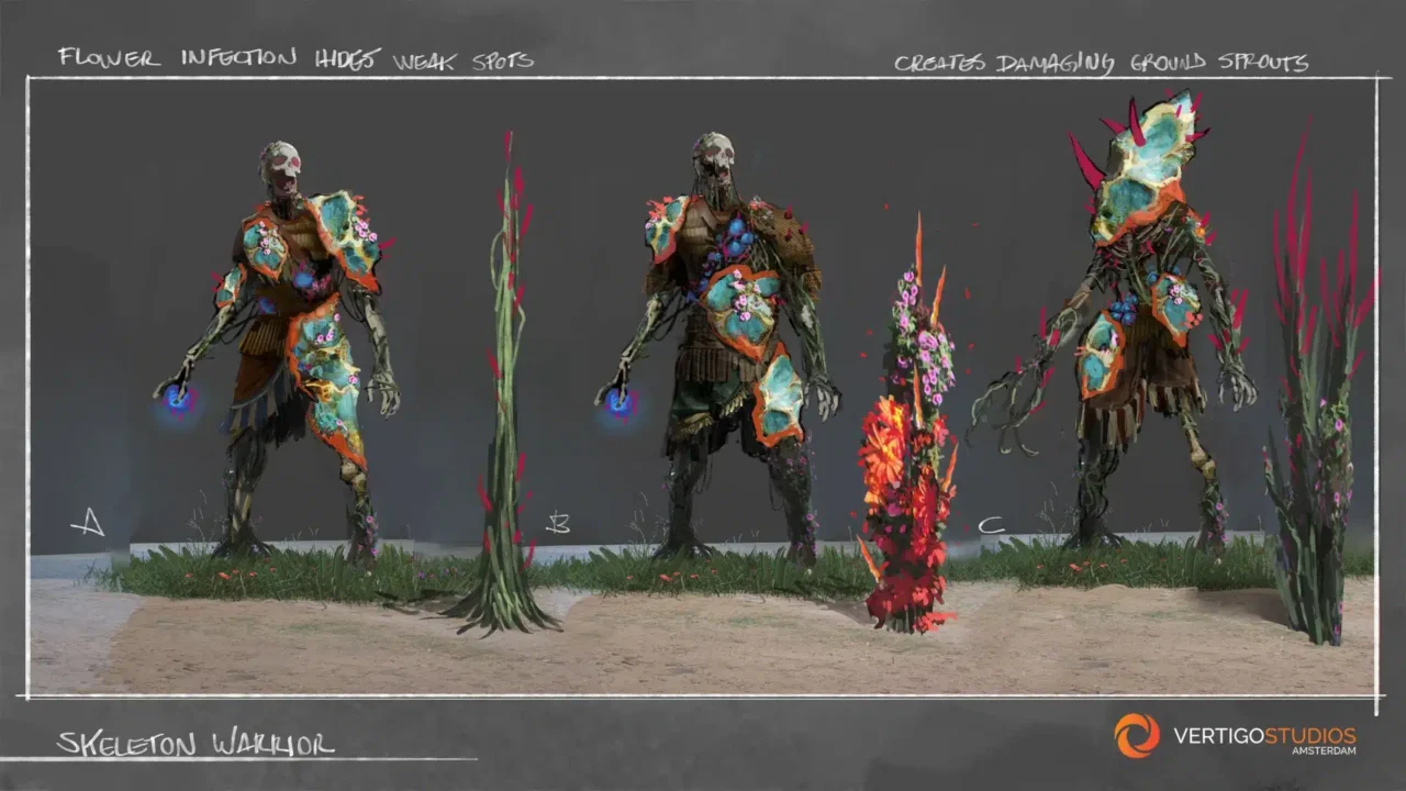 Three Skeletal Warriors Wearing Bright Flower adorned Armor Stand in a Desolate Gray Battleground with Tall Flowering Plants Around Them