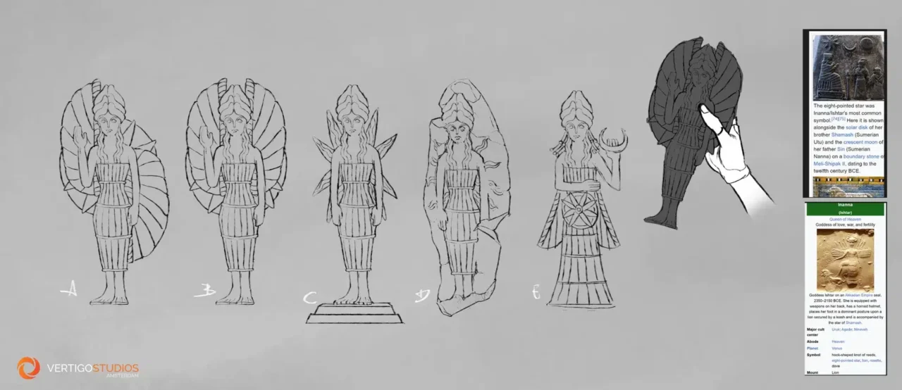 Series of Five Line Drawings Depicting a Winged Goddess in Ancient Dress Likely an Ishtar Statue Concept