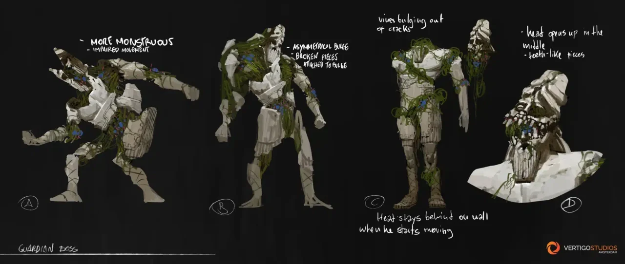 Four Armored Stone like Figures Connected by Vines Stand in a Dark Segmented Concept Sheet Labeled Guardian Boss with Handwritten Notes at Each Pose