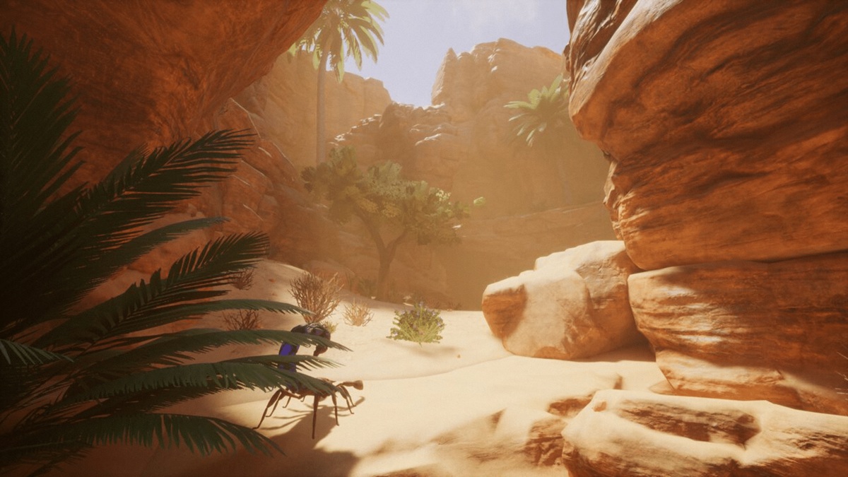 Sunlit Desert Canyon with Orange Rock Walls Sparse Vegetation and a Dark Insect like Creature Crawling on the Sand Surface