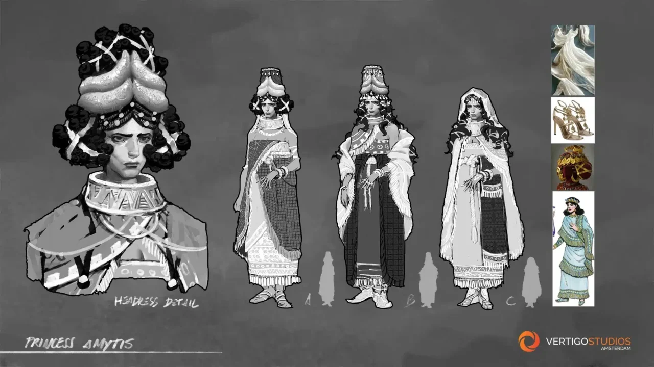 Character Design Sheet of Princess Anytis Four Full body Gowns with Elaborate Headdresses Against a Gray Backdrop Side Thumbnails Show Accessory Options