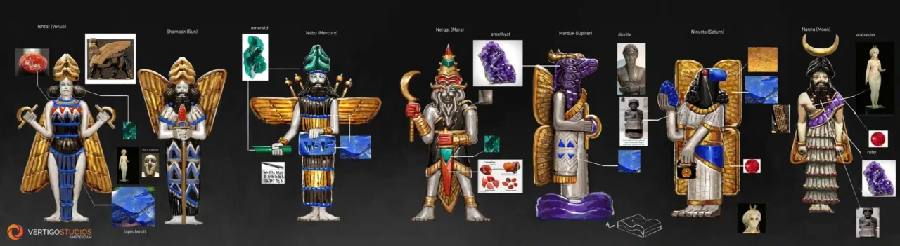 Infographic of Winged Mythic Figures with Gemstones and Mineral Labels Connected by Lines on a Dark Background
