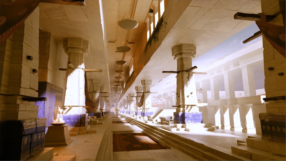 Grand Ancient Hall with a Long Central Aisle Flanked by Tall Stone Columns Banners Hanging and Warm Light Filtering Through Openings on the Right