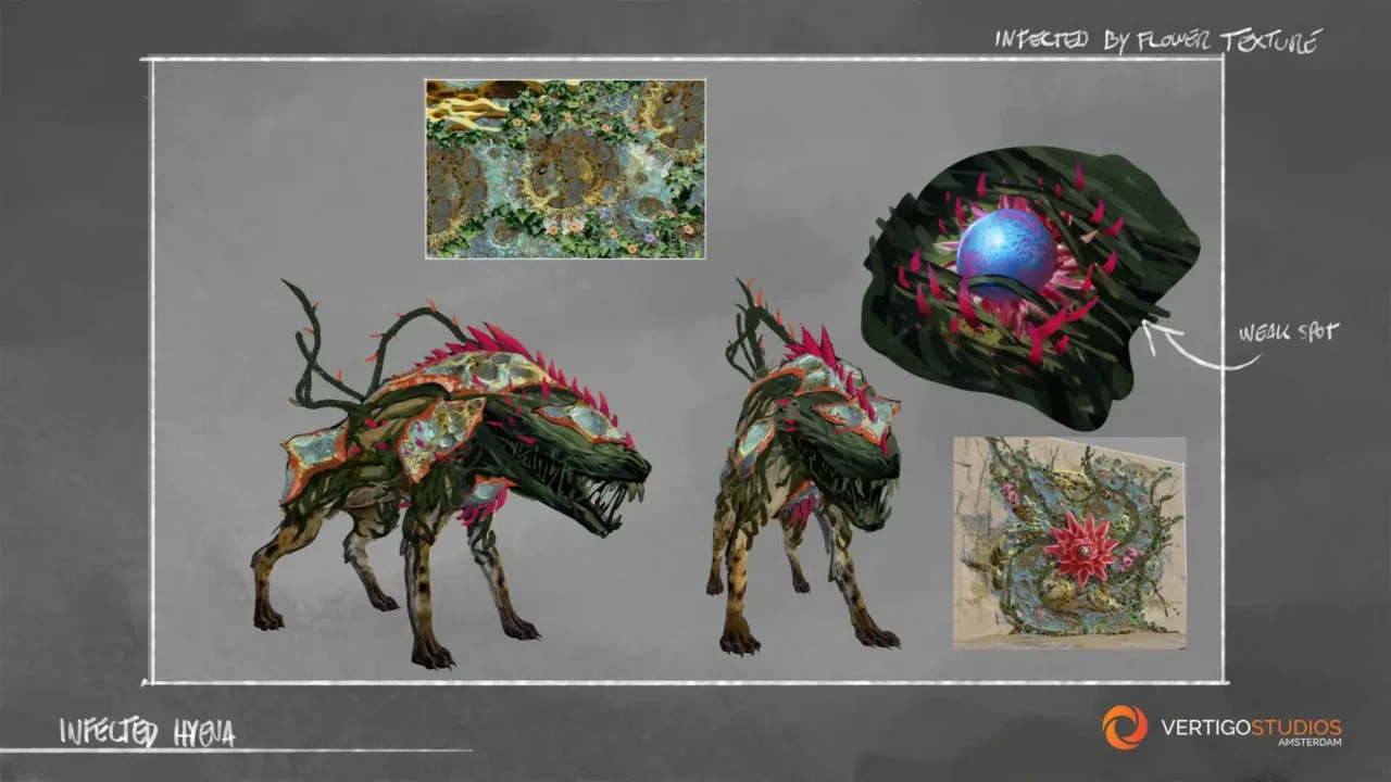 Concept Art of Three Dragon like Creatures with Pink Spines Attacking a Glowing Blue Core Titled 'infected Hydra' with Texture Swatches Around