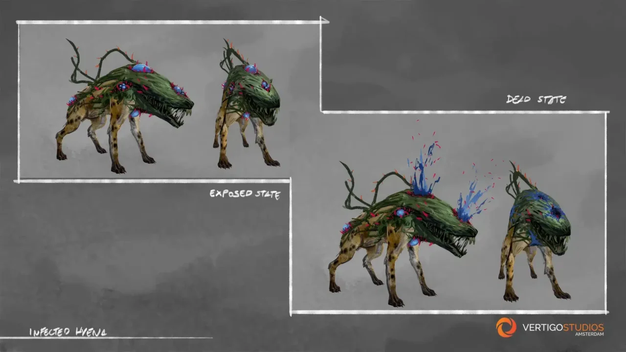 Panelized Artwork of Infected Hyenas with Vine like Growths and Colorful Spores Bursting from Their Bodies