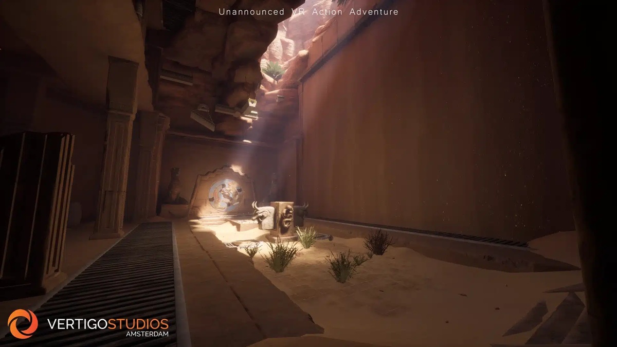 Screenshot from a Vr Action adventure Game a Sunlit Desert Ruin Interior with Pillars Sand and Scattered Crates Vertigo Studios Watermark