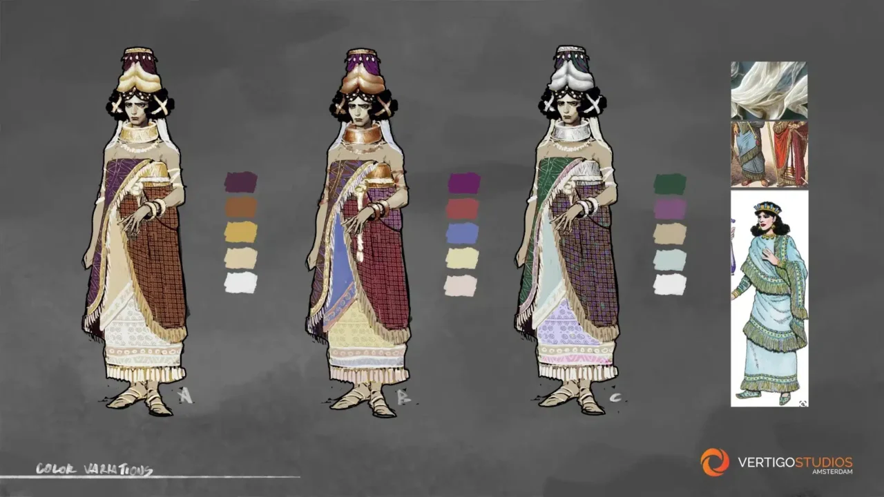Three Identical Fashion Illustrations of a Woman in Ornate Traditional Gown Shown in Three Color modified Versions with Color Swatches Beside Each and Reference Images on the Right Design Board from Vertigo Studios Amsterdam