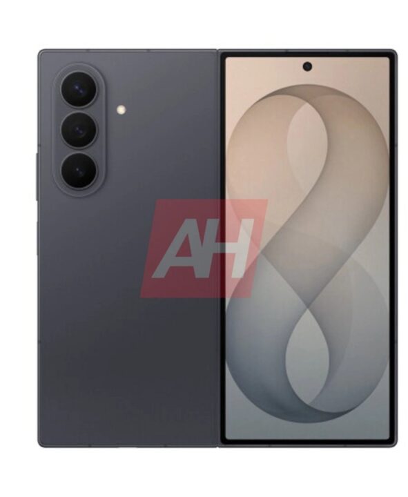 Foldable smartphone shown from back and side, with triple-camera array on the left and a large screen on the right, watermark present.