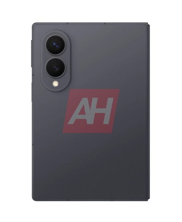 Back view of a dark gray foldable smartphone showing a dual-camera module with two vertically stacked lenses and a small flash nearby