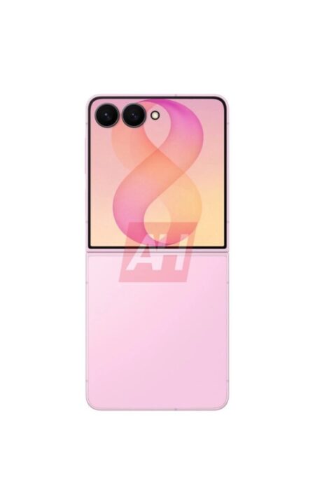 Back view of a pink foldable smartphone with a dual-camera module in the top-left corner and a horizontal hinge seam across the middle.