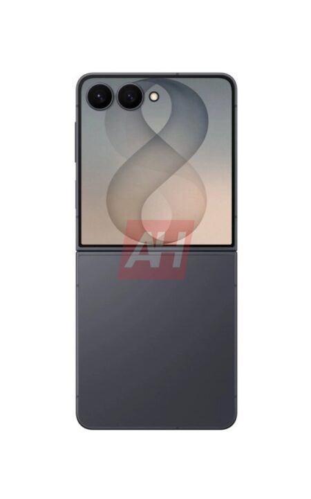 Back view of a dark gray foldable smartphone with two camera lenses on the upper left and a centered hinge, showing a gradient screen on the top panel.