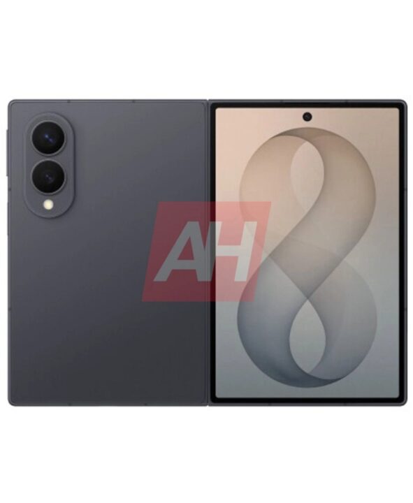Foldable smartphone shown open with a large inner display and dual rear cameras on the back left, plus a flash below the cameras.