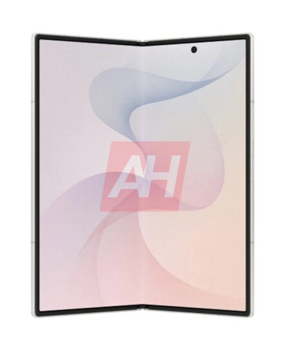 Open foldable smartphone laid flat, showing a large dual-display tablet-style screen with pastel wallpaper.