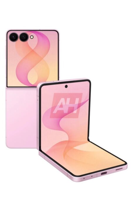 Two pink foldable smartphones, one open to reveal a large inner screen, the other closed shows a dual-camera back.