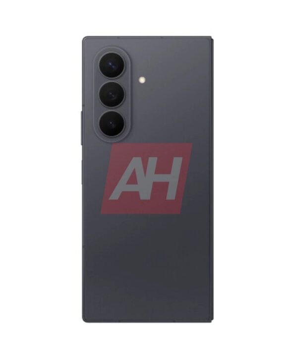 Back view of a dark gray smartphone with a vertical triple-camera setup on the left side and a small flash.