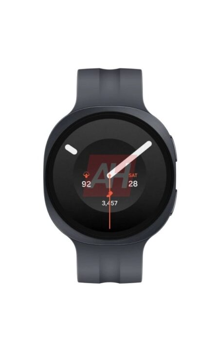Round smartwatch with a dark blue strap and black bezel, showing an analog clock face with white hands on a dark dial on a white background.
