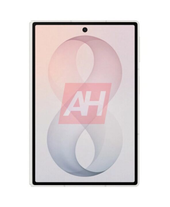 Tablet in portrait orientation showing a pastel gradient abstract wallpaper with a centered top camera.
