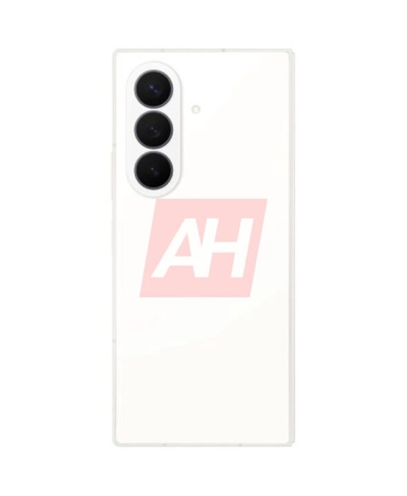 White smartphone back with a vertical triple-camera bump near the top-left corner and a pink AH watermark across the back.