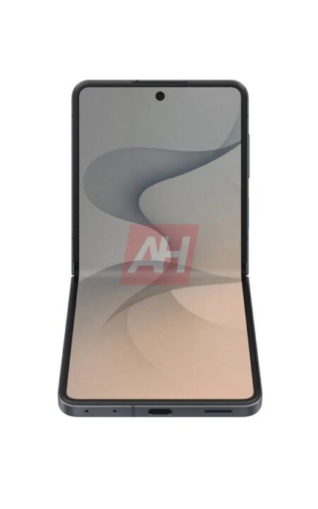 Open foldable smartphone facing front, showing a large inner display with a beige-to-gray gradient and a pink AH watermark on the screen.