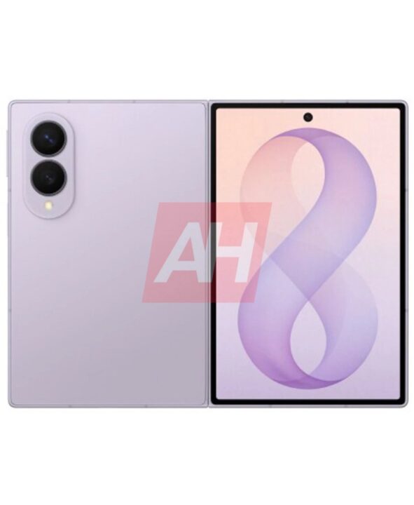 Purple foldable smartphone opened to show large screen on the right and dual-camera module on the back left.