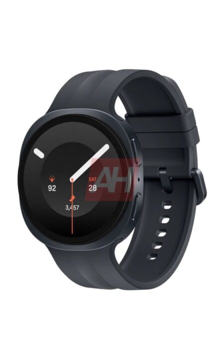 Dark gray circular smartwatch with a silicone strap, displaying activity metrics on a black screen (steps, HR, date).