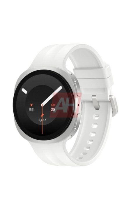White circular smartwatch with a black display and white silicone band.”,