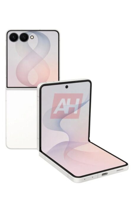 White foldable smartphone shown in closed and open positions, dual screens with pink gradient wallpaper and rounded cameras on the back