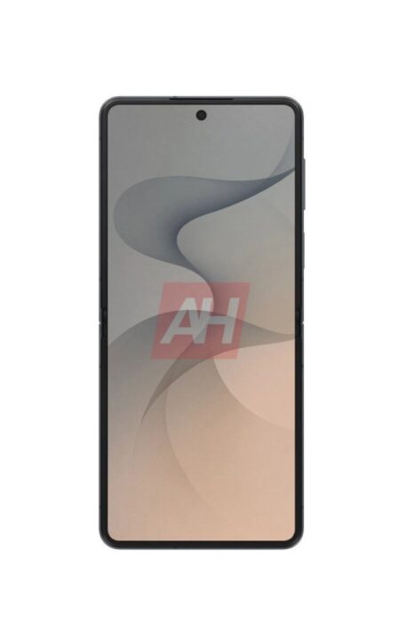 Front view of a black smartphone with a centered top selfie camera and beige abstract wallpaper.
