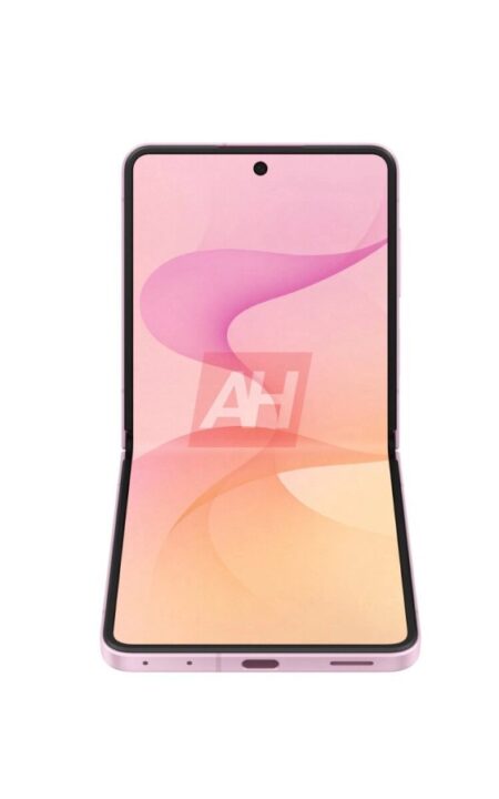 Foldable pink smartphone open, showing a tall edge-to-edge display with a centered front camera notch at the top and a gradient pink‑peach background on screen.