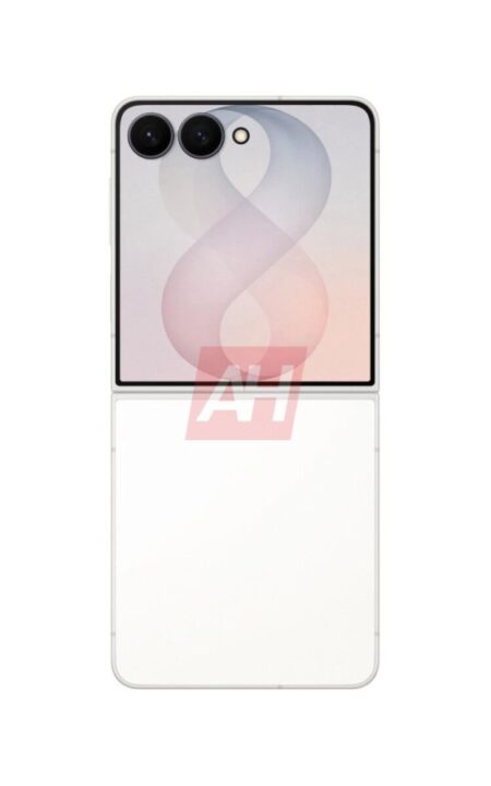 Back view of a white smartphone with a dual-camera bump in the top-left corner and a glossy finish.