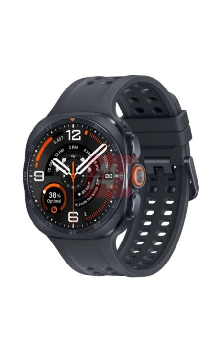 Smartwatch with a perforated black strap and orange crown, angled to show its round face with orange-accented dial.