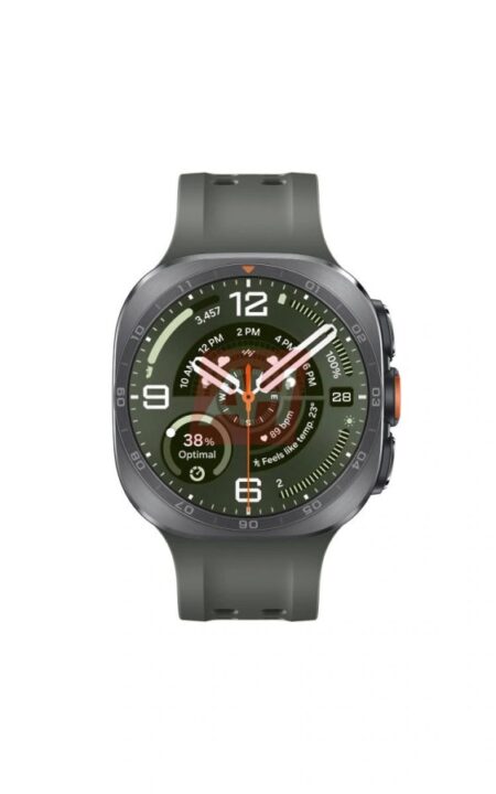 Green silicone-strap smartwatch with a round, dark dial showing multiple subdials and a date window (sports watch look).