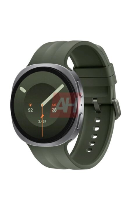 Green-silicone strap smartwatch with round display and silver bezel showing activity stats on screen.