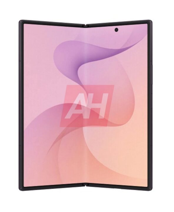 Foldable smartphone opened into a tablet-like display showing a pink abstract wallpaper.