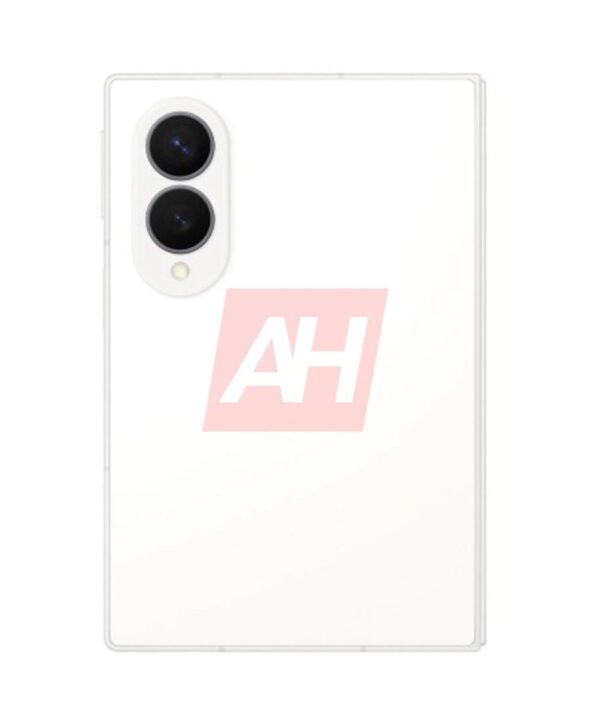 White foldable smartphone viewed from the back, featuring a vertical dual-camera module in the top-left corner and a pink AH watermark across the back.