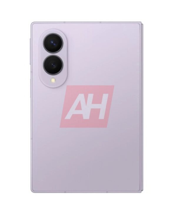 Purple smartphone back with dual-camera module and small flash, shown in a folded/hinged design.