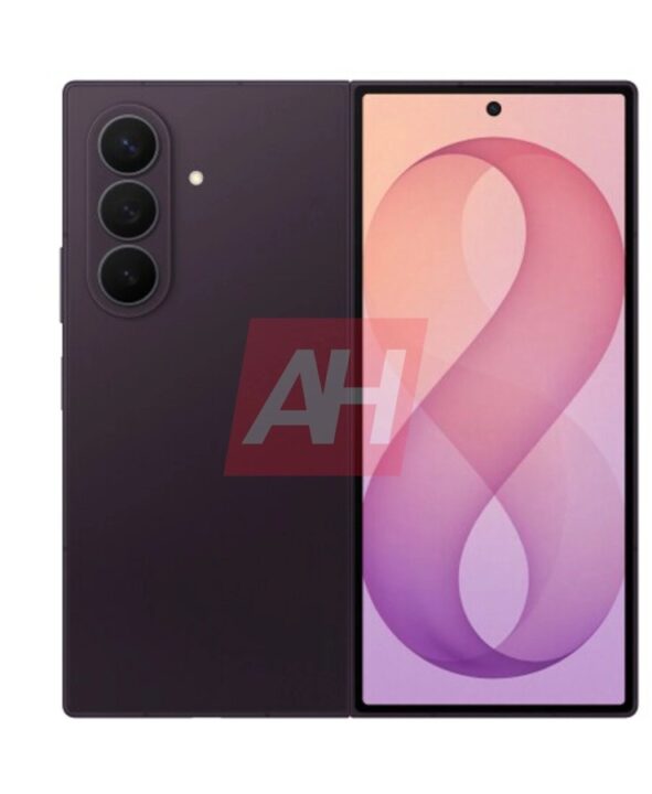 Purple foldable smartphone shown from back and front, with a triple-camera array on the rear and a tall edge-to-edge display on the front.