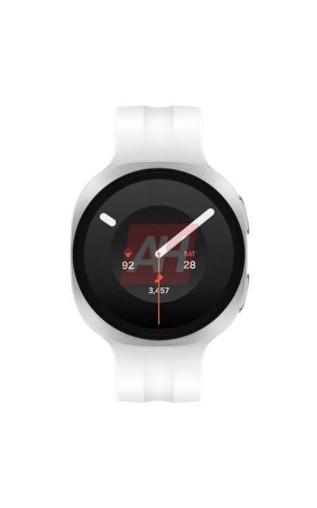 White smartwatch with a round black display and two side buttons on a white strap.