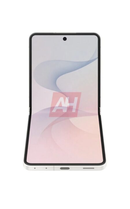 Foldable smartphone open to upright position, tall edge-to-edge screen with small punch-hole camera at top center.