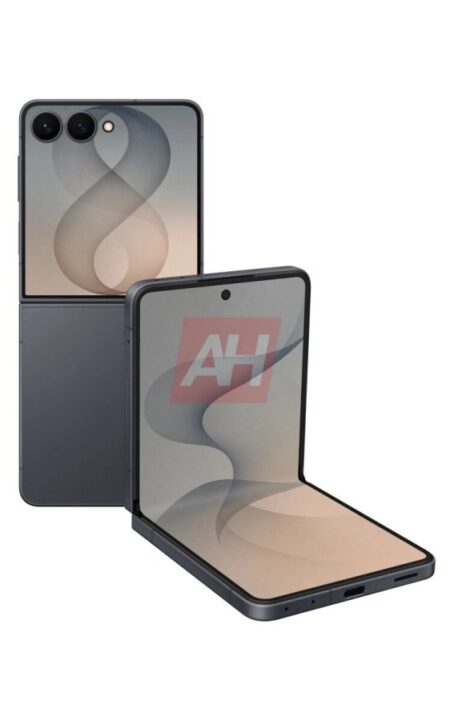 Foldable smartphone shown both closed and partially open, revealing inner screen and hinge.