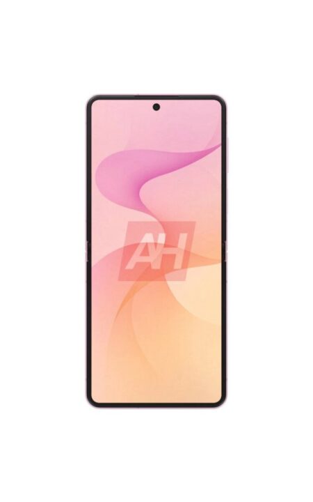 Front view of a pink-gradient smartphone with slim black bezels and a centered display. Avoids extraneous details; focus on device design.