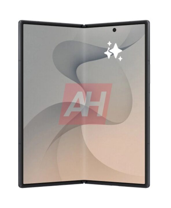 Open foldable smartphone with a two-panel display showing an abstract wallpaper and a top-center camera cutout in a black frame.