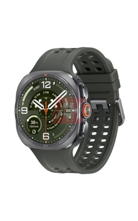 Green sport smartwatch with perforated strap and round display showing time and health metrics in a dark green interface.