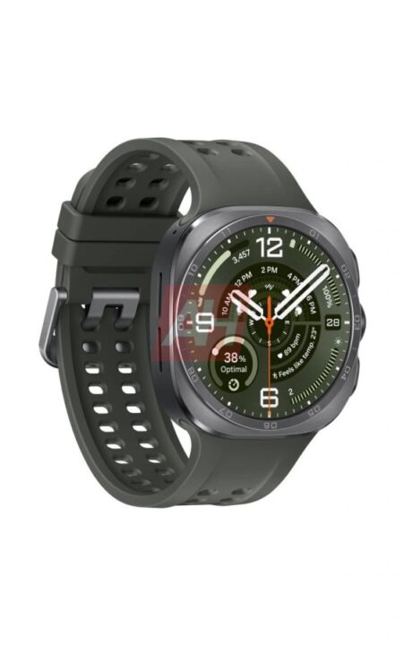 Gray smartwatch with a perforated dark green strap, angled to show the round face with multiple dials and widgets on a white background.