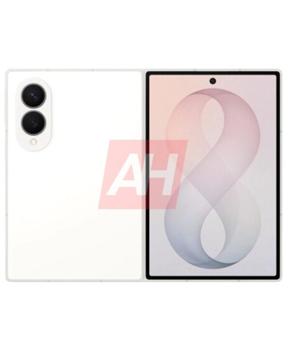 White foldable smartphone shown from the back and front, featuring a dual circular camera module on the rear and a large front display with a top-center camera cutout.