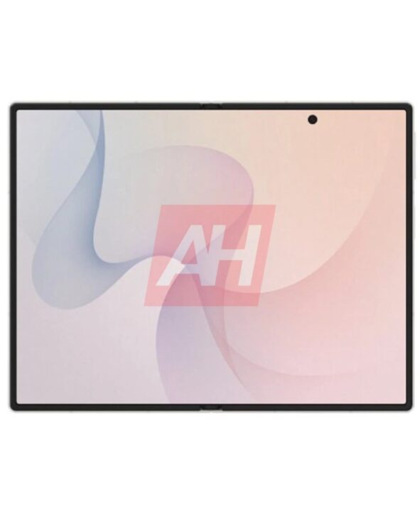 Front-on view of a tablet with a black frame and pastel abstract wallpaper; camera hole at the top center.