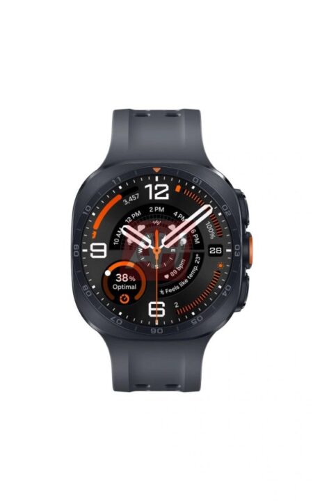 Dark gray smartwatch with orange accents and a black circular dial showing time and activity widgets.