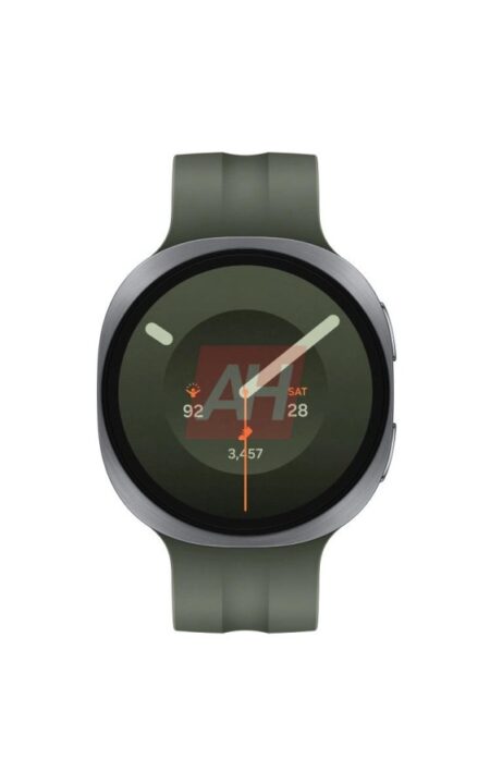 Green-swatch silicone smartwatch with a round display and brushed metal bezel on a white background, front view (product photo).